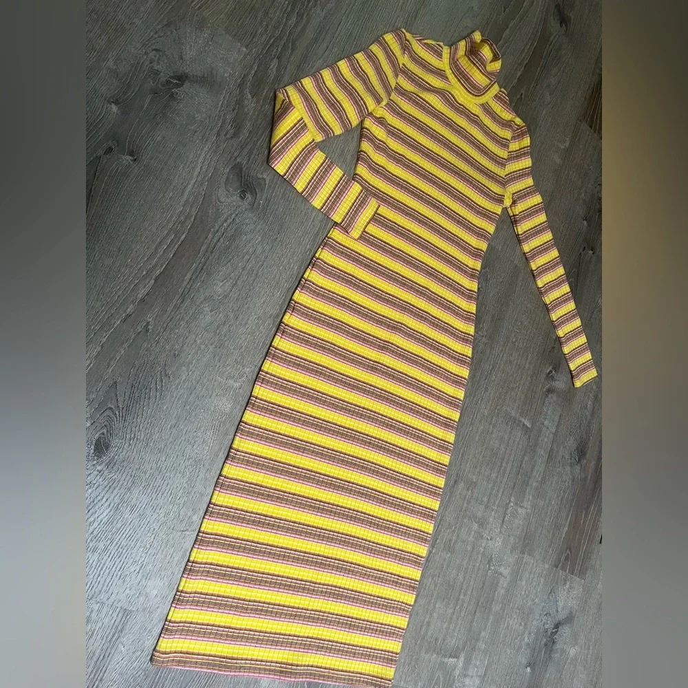 STAUD Yellow and Brown Striped Ribbed Turtleneck Midi Dress - Picture 3 of 5